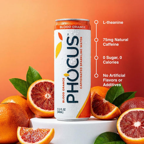 75mg 11.5 oz (Pack 12) PHOCUS Caffeinated Sparkling Water, Blood Orange, Natural Caffeine Plus L-Theanine, Zero Sugar