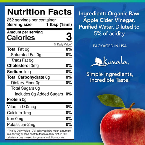 128 oz Kevala Organic Raw Apple Cider Vinegar - Unfiltered and Unpasteurized Vinegar for Cooking and Beauty, Addition
