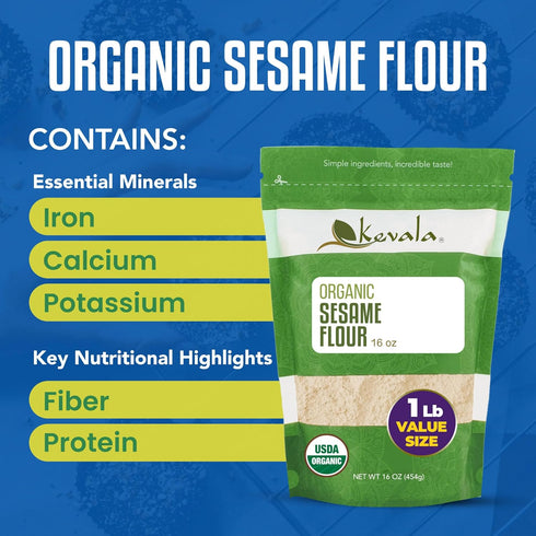 16 oz 1 LB (Pack 2) Kevala Organic Sesame Flour - Gluten Free Sesame Seeds Organic Vegan Flour Raw Unhulled Seeds
