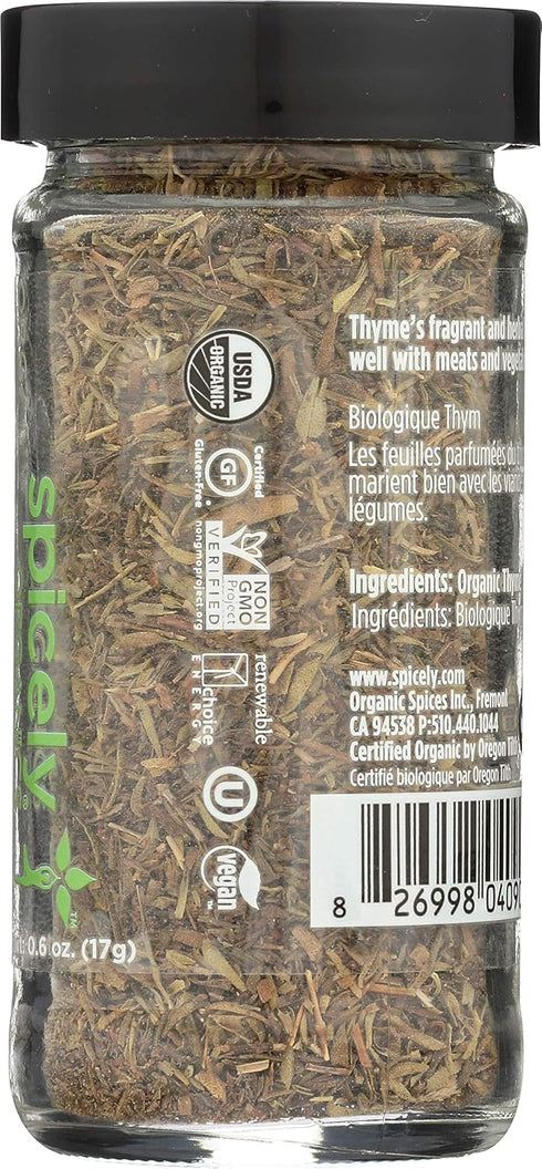 Spicely Organic Thyme 0.60 Ounce Jar, Certified Gluten Free