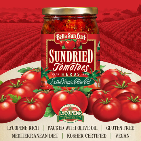16Oz Packed Bella Sun Luci Sun Dried Tomatoes Halves in Olive Oil, Glass Jar, Premium Mediterranean Italian Style