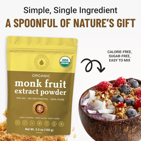 3.5 oz, 322 Organic Monk Fruit Extract Powder, Pure USDA Organic Monk Fruit Extract Sweetener with No Fillers, Zero