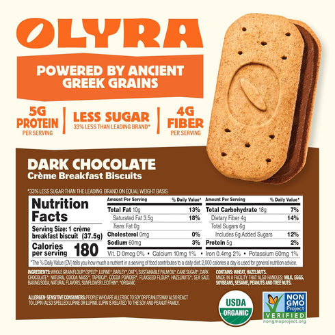 24 Packs Olyra Dark Chocolate, Sandwich Breakfast Biscuits, Healthy Snacks for Adults and Kids, Low Sugar, High Fiber