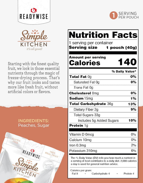 1.16 oz, Pack 6, Backpacking, READYWISE - Simple Kitchen, Freeze-Dried Peaches, of Vegetarian, Gluten Free, Snacks