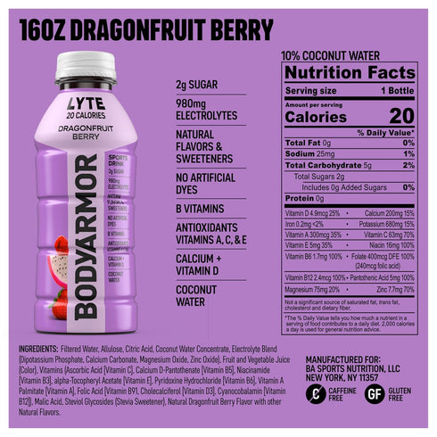 Potassium-Packed 16 Oz (Pack 12) BODYARMOR LYTE Sports Drink Low-Calorie Sports Beverage, Dragonfruit Berry, Coconut