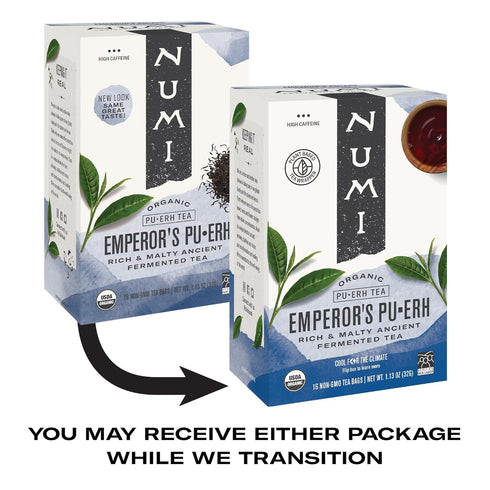Numi Organic Emperor's Pu-erh Tea, Aged Fermented Yunnan Black Tea, 16 Tea Bags, Caffeinated (Packaging May Vary)