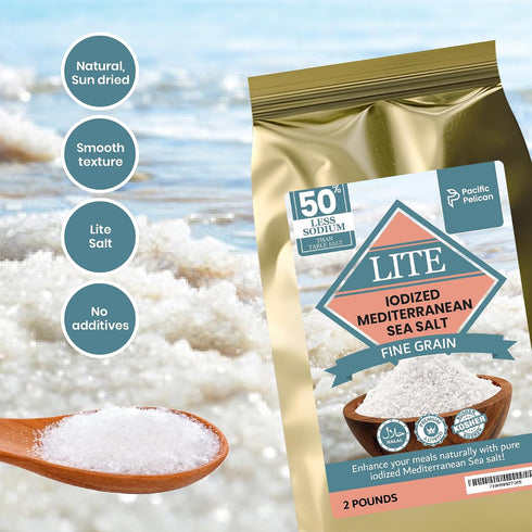 50% Grain,100% 2 Pacific Pelican Less Sodium Mediterranean Lite Sea Salt, (Iodized) Fine Natural, Organic, Fine Grain