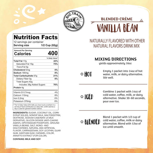 2.9 oz Packets (Pack 12) Big Train Vanilla Bean Blended Creme Beverage Mix