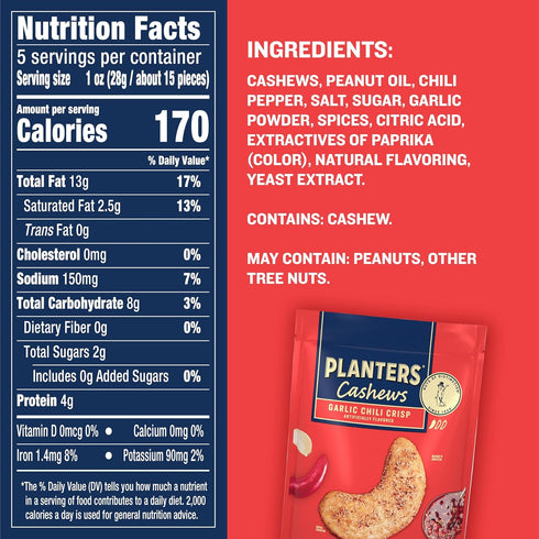 5oz PLANTERS Garlic Chili Crisp Cashews, Bag