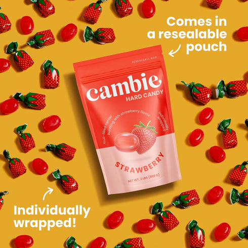 2 lbs Strawberry Hard Candy Individually Wrapped by Cambie, of Strawberry Candy with a Deliciously Sweet Hard Exterior