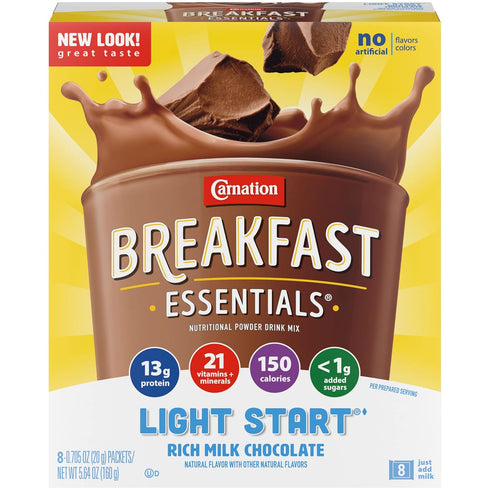 Chocolate.705 Oz, 8 (Pack 2) Carnation Breakfast Essentials Light Start Powder Drink Mix, Rich Milk Ct