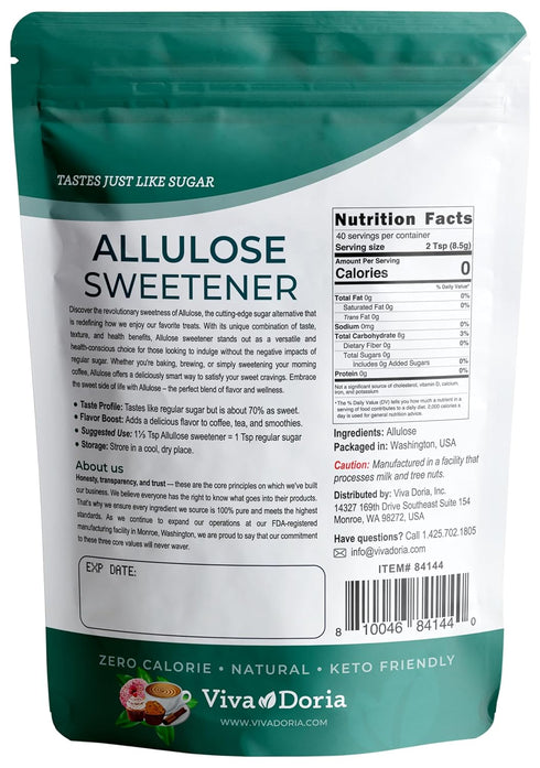 12 Oz (340g) Viva Doria Allulose Sweetener, | Zero Calorie Sugar Substitute | Great for Coffee, Tea, Cooking and Baking