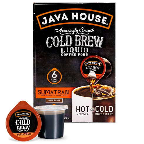 JAVA HOUSE Dark Roast Sumatran Cold Brew Pods, Instant Coffee Concentrate, (6 Count) Peel and Pour Pods Hot or Iced