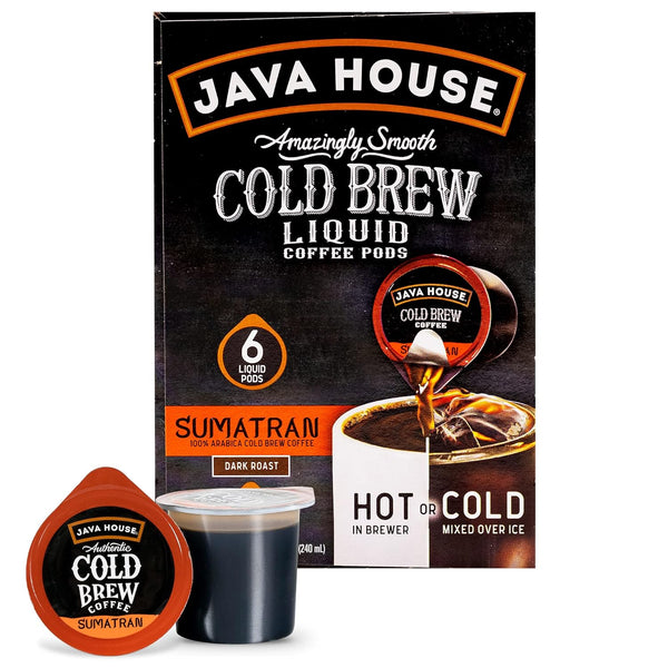 JAVA HOUSE Dark Roast Sumatran Cold Brew Pods, Instant Coffee Concentrate, (6 Count) Peel and Pour Pods Hot or Iced