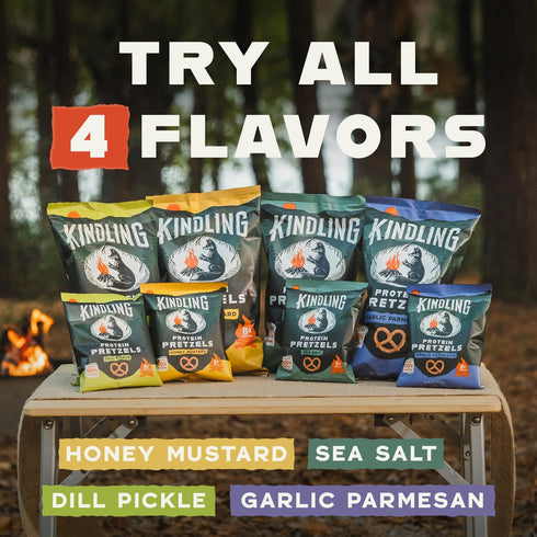 Pack (1), (1), (1), (1) Protein-Packed 8 9g 1-2g Kindling Protein Pretzels Variety - Sea Salt Dill Pickle Honey Mustard