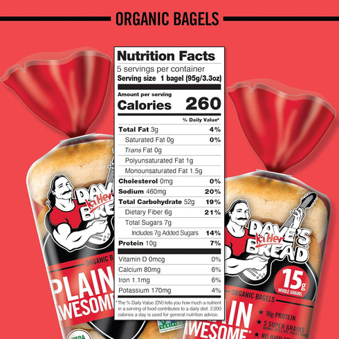 15g 5 Count Dave's Killer Bread Plain Awesome Bagels, Organic Bagels, Whole Grains per Bagel
