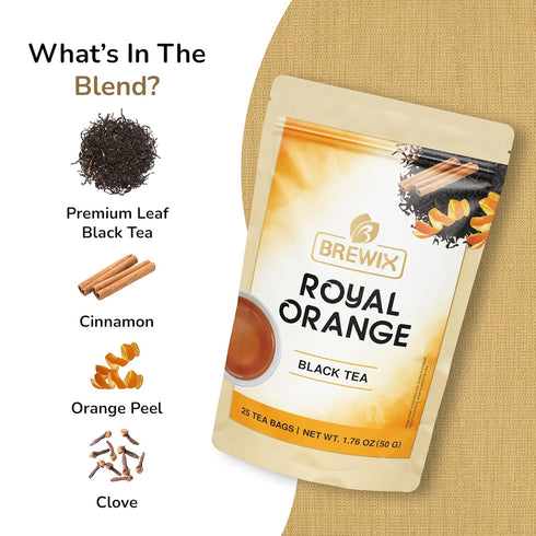 BREWIX, Royal Orange Spice Black Tea (25 Pyramid Tea Bags) | Black Tea with Orange and Spices | Premium Black Tea with Orange | Iced Tea Bags | Caffeinated And Sugar-Free