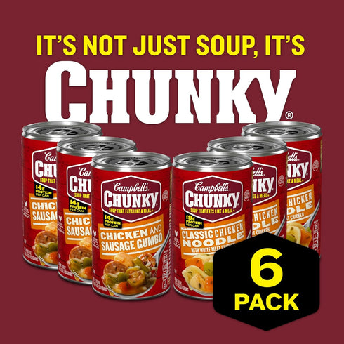 18.8 18.6 Oz 6) Campbell's Chunky Soup, Classic Chicken Noodle Soup and Chicken and Sausage Gumbo Variety, and Cans