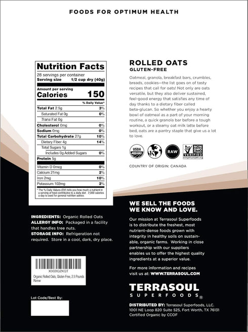 2.5 lbs (Pack 2) Terrasoul Superfoods Organic Rolled Oats, - Gluten-Free | Old-Fashioned | Whole Grain