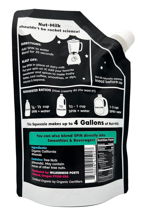 32 4 1 Wilderness Poets SPiN, Organic Almond Milk Concentrate (Unsweetened) - Ounce Squeeze Bag - Makes Up To Gallons