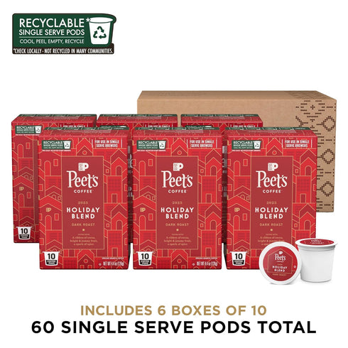 100% 60 Count (6 10 Peet's Coffee, Dark Roast Keurig K-Cup Pods, Arabica Coffee - Holiday Blend Boxes of K-Cup Pods)