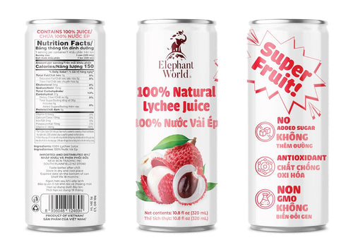 ELEPHANT WORLD 100% 10.8 oz (Pack 12), Natural Lychee Juice | NON GMO | of Lychee