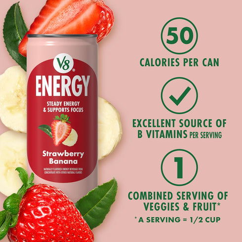 V8 8 OZ (Pack 6) +ENERGY Strawberry Banana Energy Drink, Made with Real Vegetable and Fruit Juices, FL Can