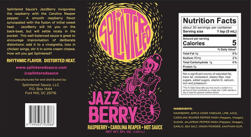 5oz Splintered Sauce JazzBerry Hot Sauce Sweet Raspberry & Carolina Reaper Award-Winning Fruit-Based Hot Sauce Rhythmic