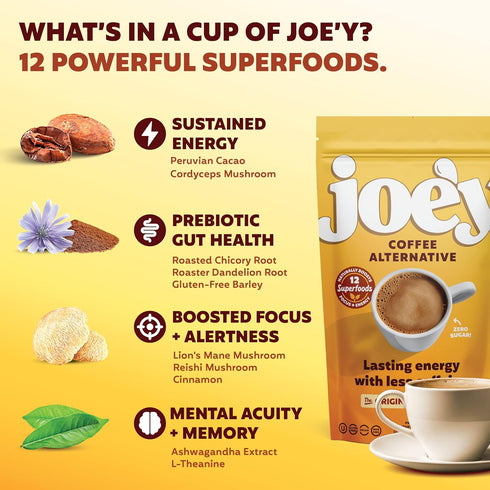 60 Joey Mushroom Coffee Alternative with Cacao Dandelion Root, and Chicory, Instant Mushroom Coffee Substitute