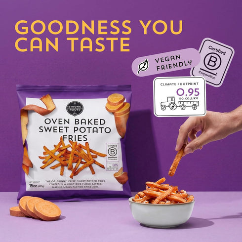 15 oz., Strong Roots Oven Baked Sweet Potato Fries, Vegan & Gluten Free, Low in Sugar, Salt & Saturated Fat, No Trans