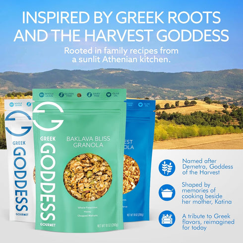 Pack 10oz (3-Pack Greek Goddess Gourmet Granola Variety Baklava Bliss, Harvest, & Maple Oat with Nuts, Honey, Maple
