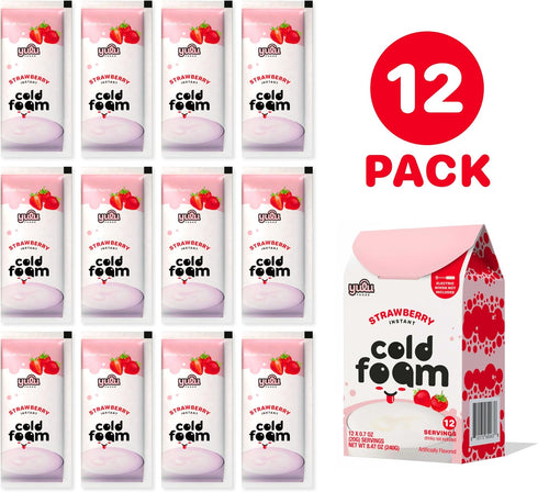 (12 8.47 oz) YULU FOODS Strawberry Instant Cold Foam Sticks Servings, | Non-Dairy Berry Creamer for Iced Coffee, Tea