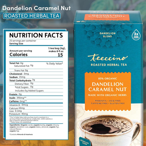 Teeccino Dandelion Caramel Nut Tea, 25 Tea Bags, Caffeine Free, Herbal Tea with Prebiotics