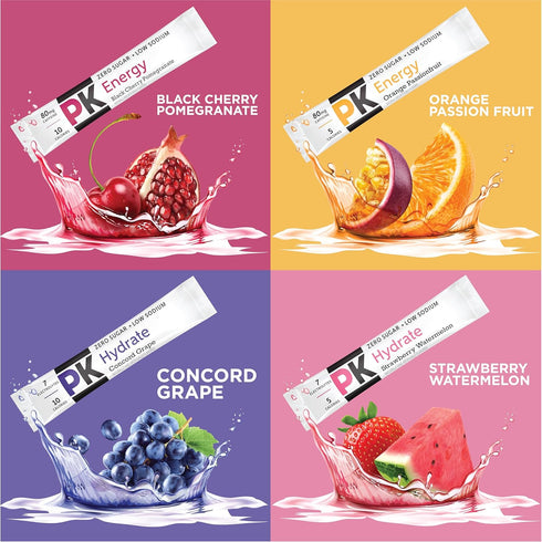 Pack, (Pack 60) PURE KICK Energy and Hydrate Singles To Go Drink Mix Variety Black cherry Pomegranate, Orange Passion