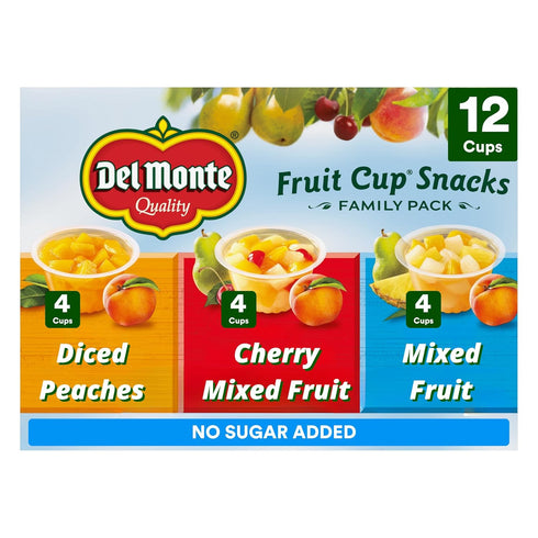 DEL MONTE FRUIT CUP Snacks, Family Pack, No Sugar Added, 12-Pack, 4