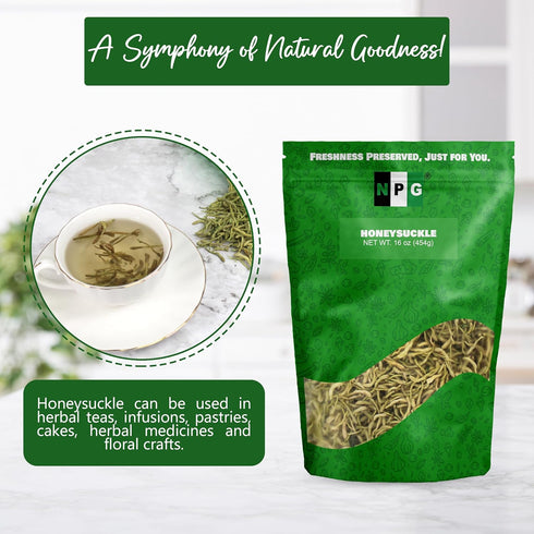 16 Oz, Packaging, NPG Dried Honeysuckle Bulk Jin Yin Hua, Natural Herbal Tea, Sweet Floral Aroma, Resealable Versatile