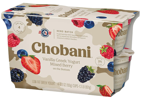 5.3oz 4-pack Chobani Low-Fat Vanilla Greek Yogurt, Mixed Berry on the Bottom