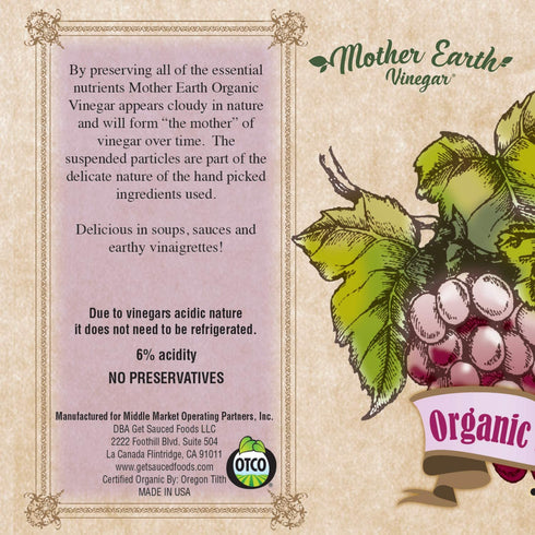 (1/64oz) Mother Earth, Organic Red Wine Vinegar with The Mother, Fresh Pressed Organic Cabernet Grapes, ORWV, RWV, Raw