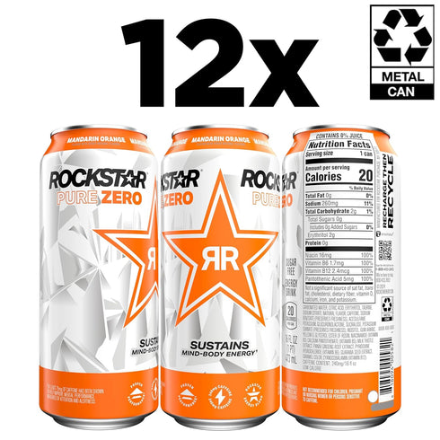 0 16oz (12 Pack) (Packaging Rockstar Pure Zero Energy Drink, Orange, Sugar, with Caffeine and Taurine, Cans May Vary)