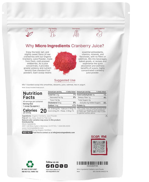 8 Sustainably US Grown, Organic Cranberry Juice Powder (Wild Cranberry Supplements Cold Pressed), Ounce | Supports