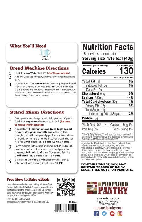 Pack; The Prepared Pantry Black Russian Pumpernickel Gourmet Bread Mix; Single For Bread Machine or Oven