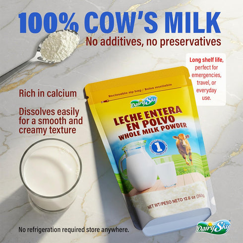 12.6 oz (360g) DairySky Whole Milk Powder Premium Grade, Non-GMO, Rich in Protein Powdered Milk, Perfect for Baking