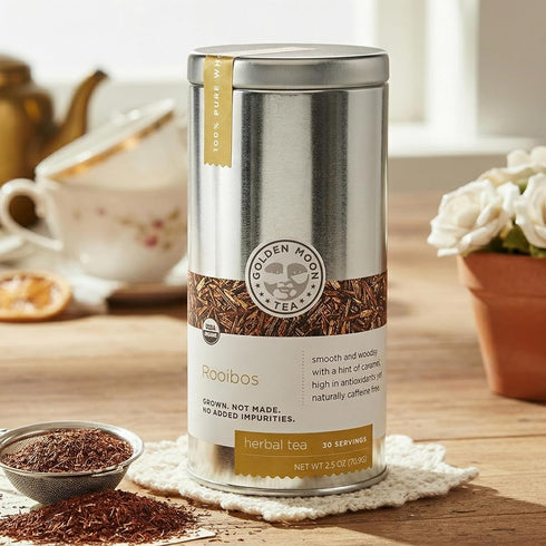(30 Golden Moon Tea Rooibos Tea - Organic Herbal Tea - Caffeine-Free - Loose, Non-GMO - Travel Tin Servings)