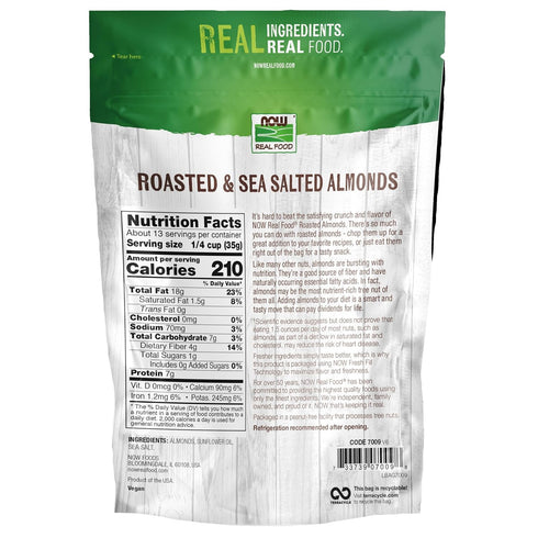 1-Pound (Packaging NOW Foods, Almonds, Roasted with Sea Salt, Source of Protein, Fiber and Healthy Fatty Acids, Grown