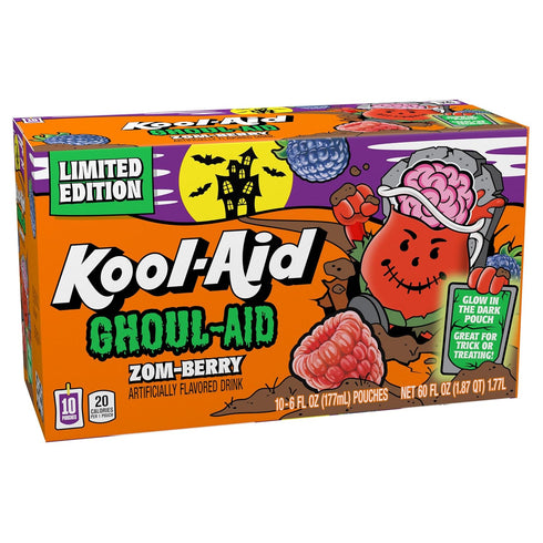 10 6 oz Kool-Aid Ghoul-Aid Artificially Flavored Drink, Pouches, for School Lunches and On-the-Go Hydration, Zom-Berry