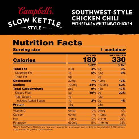 Campbell's Slow Kettle 15.7 oz Style Southwest-Style Chicken Chili with Beans and White Meat Chicken, Microwavable Bowl