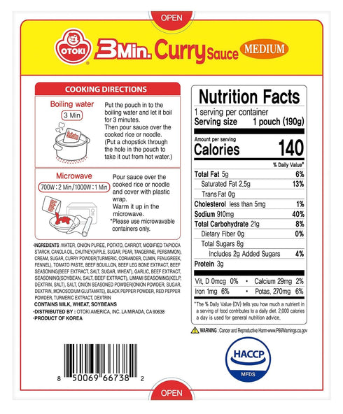 3-Min 3 Pack, 6.7 oz OTOKI Curry Sauce, Medium Spicy (No Meat), Fully Cooked with Potato & Carrot, Each Pour Over Meal