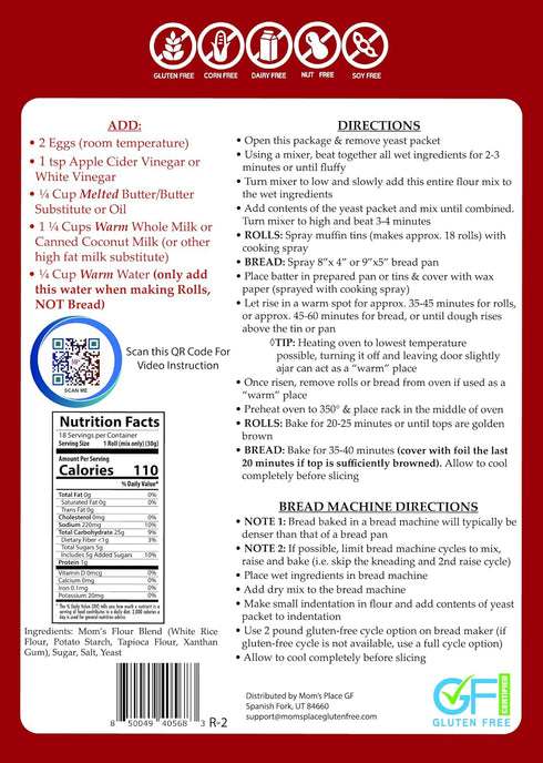19 oz Mom's Place Gluten-Free Best Rolls & Bread Mix - Dairy Free, Nut Free, Soy Free, Corn Free, NON GMO, Preservative
