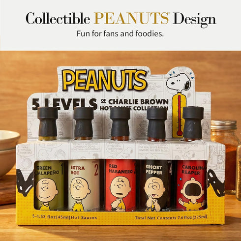 5 Set Pack Hot Sauce Collection by MSFR Levels of Charlie Brown from PEANUTS Mini Hot Sauce Bottles Gift with Spicy