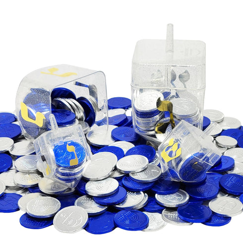 6-Pack 10 60 The Dreidel Company Dreidel Filled with Blue and Silver Hanukkah Chocolate Gelt Coins, Chocolate Menorah